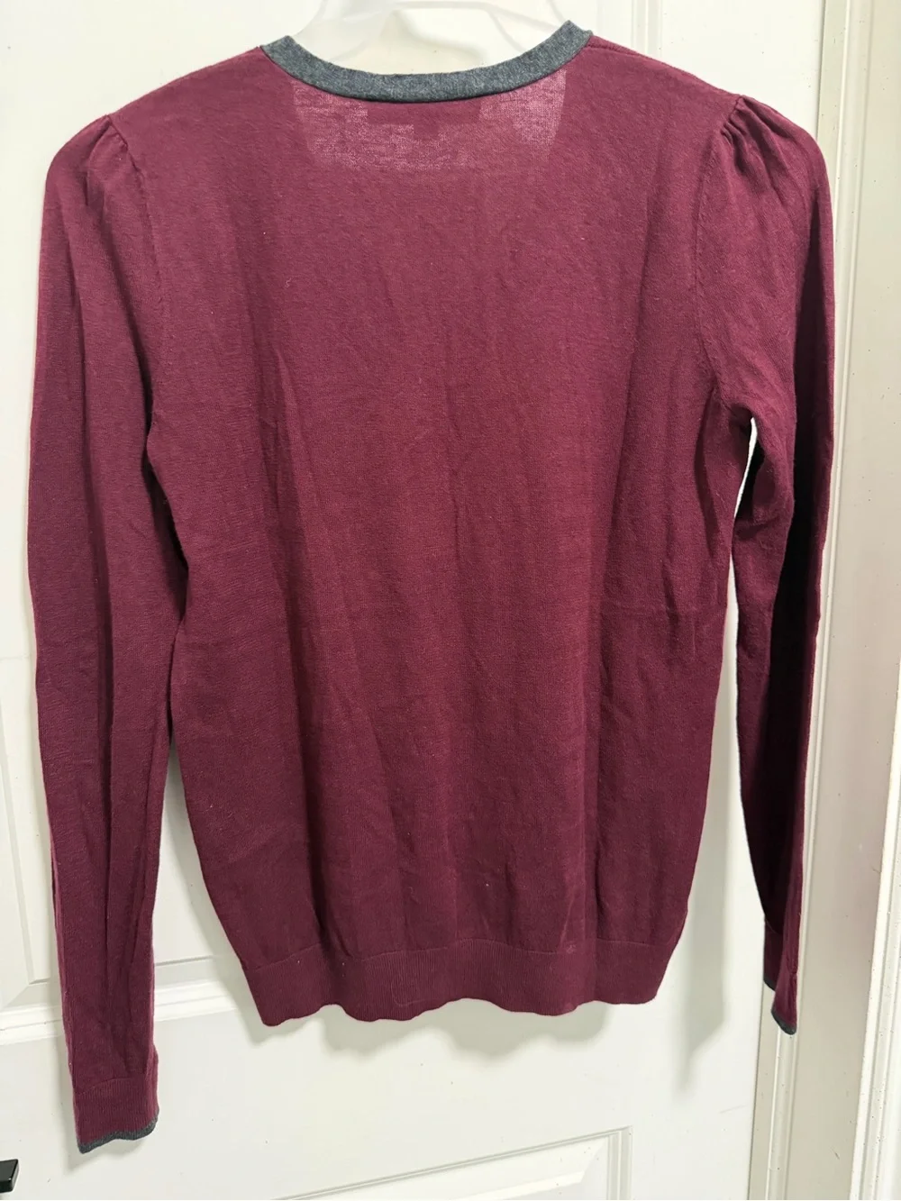 LOFT Deep Berry V-Neck Tie-Front Sweater with Gray Trim